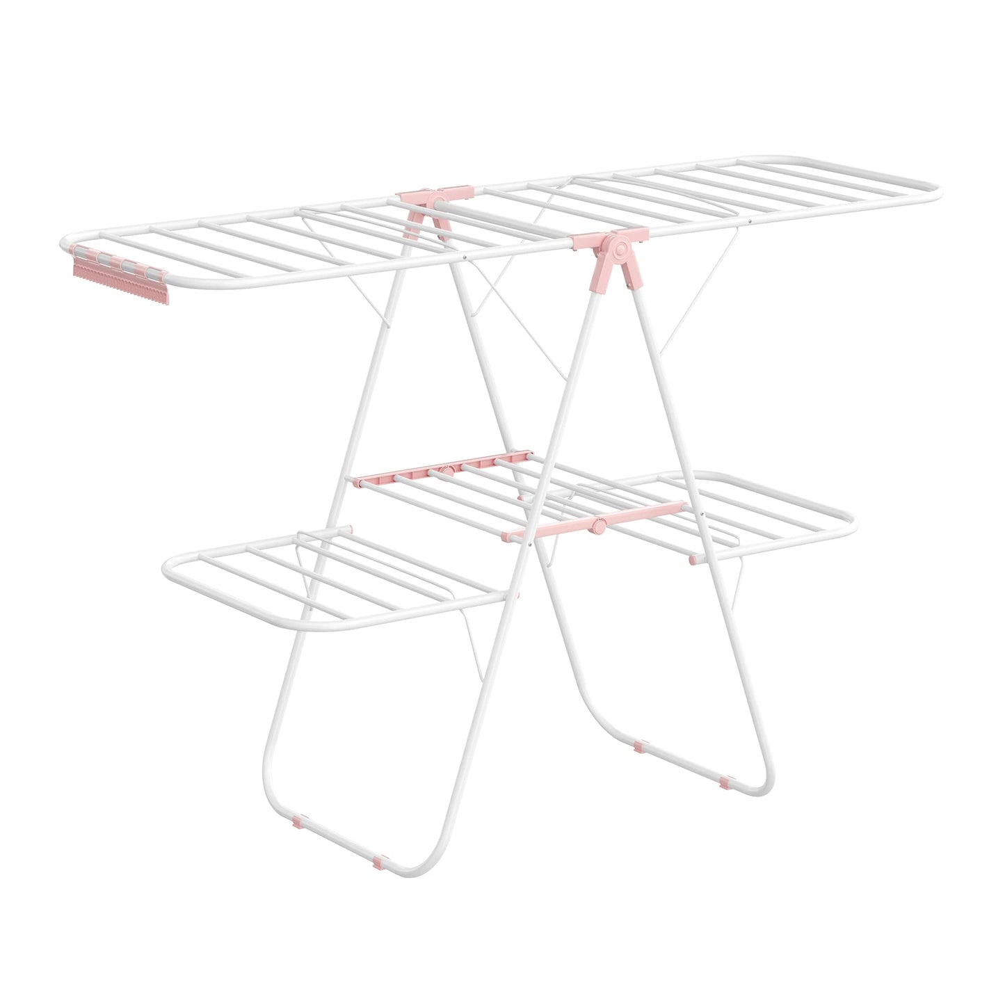 SONGMICS Clothes Drying Rack Foldable 2-Level Laundry Drying Rack Free-Standing Large Drying Rack with Height-Adjustable Wings 33 Drying Rails Sock Clips White and Pink ULLR053P01