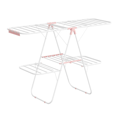 SONGMICS Clothes Drying Rack Foldable 2-Level Laundry Drying Rack Free-Standing Large Drying Rack with Height-Adjustable Wings 33 Drying Rails Sock Clips White and Pink ULLR053P01